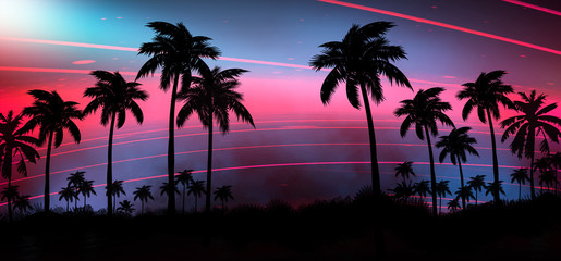 Night landscape with stars, sunset, stars. Silhouette coconut palm trees Vintage tone. Lights of the night city, neon, coast.