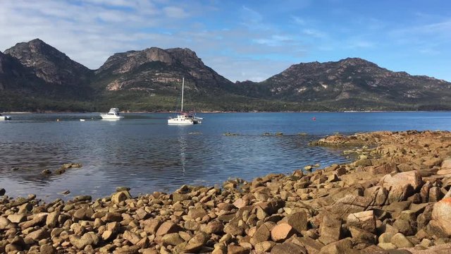 Landscape view of Coles Bay Freycinet National Park in Tasmania, Australia.
