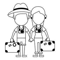 Couple of tourists avatar cartoon in black and white