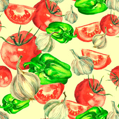 Seamless watercolor pattern of red tomatoes,garlic, onion,Bell pepper. Vintage drawing of vegetables. card, wallpaper, poster, banner, panel or frame. Vegetablestomatoes, cherry tomatoes, watercolor. 