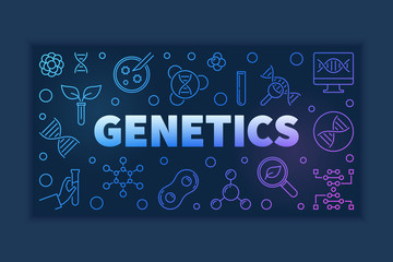 Genetics colorful outline horizontal banner on dark background. Vector illustration