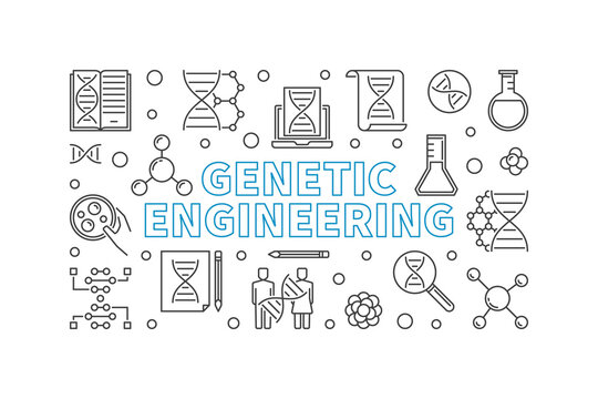 Genetic Engineering outline horizontal banner. Vector biotechnology concept linear illustration