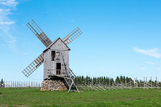 Windmill against blue sky in etnographic museum in Angla on the Saaremaa island in Estonia