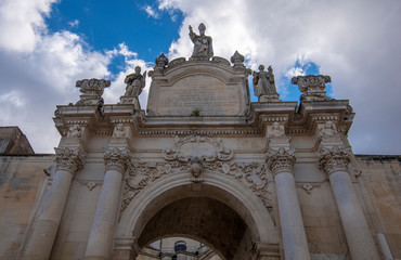 Facade of Porta Rudiae leading to historic city center of Lecce, Puglia, Italy, A region of Apulia