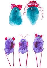 Set of five abstract bird spots. With red bows, a wreath of flowers and others. Watercolor illustrations isolated on white background