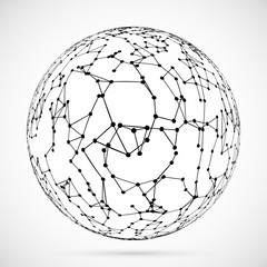 Big data global network connection ball.Visual data concept.Sphere shape with dots,triangles,particles.Abstract 3D render vector illustration.Vector polygonal template illustration on grey background.