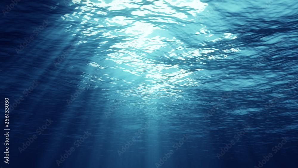 Poster 3d rendering of underwater light creates a beautiful solar curtain. underwater ocean waves oscillate
