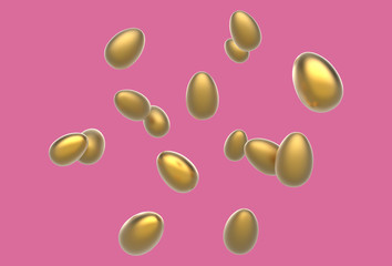 Golden Easter Eggs Flying on a pink background. Realistic 3D rendering.