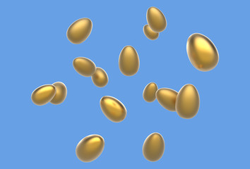 Golden Easter Eggs Flying on a blue background. Realistic 3d render.