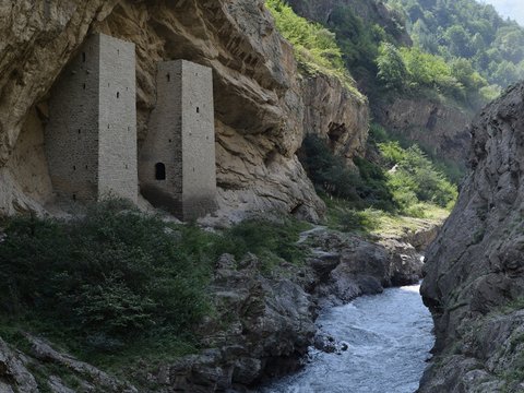 Towers in the rock on the road Grozny - Itum-Kali, the Chechen Republic (Chechnya), Russia.