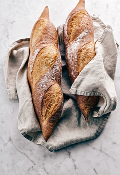 Close up of freshly baked baguette loaves