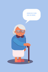 Old lady with walking stick flat design. Vector illustration
