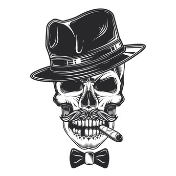 Original vector illustration of skull in hat in vintage style.