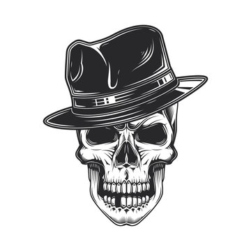 Monochrome vector illustration of a skull in a stylish hat. Retro style