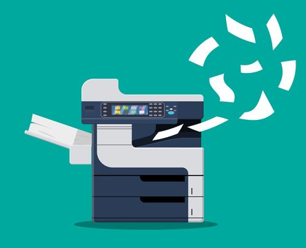Professional office copier, multifunction printer printing paper documents. Printer and copier machine for office work. Vector illustration in flat style
