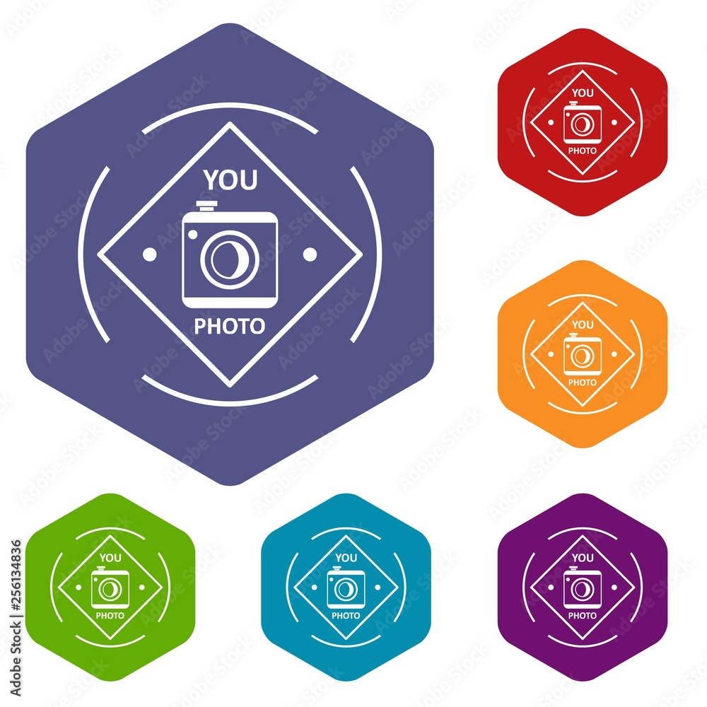 Poster camera icons vector colorful hexahedron set collection isolated on white