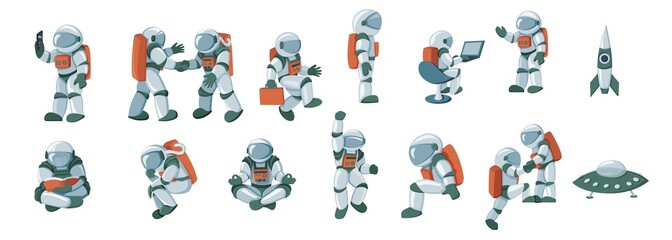 Cartoon spaceman, cosmonaut, spacesuit vector set isolated on white background © Andrew