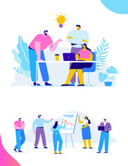 Brainstorming creative team idea discussion people. Teamwork staff around table laptop. Team thinking and brainstorming.  Analytics of company information. Flat vector illustration