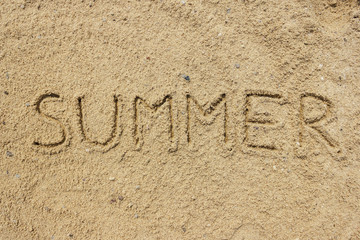 Fototapeta premium Summer word written on the sand at the beach, natural background