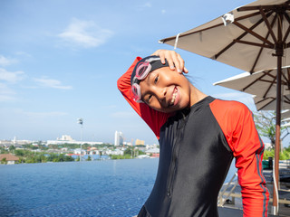 Asian exercise for warm up before swim, lifestyle concept.