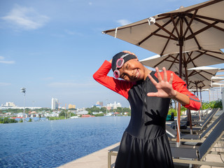 Asian exercise for warm up before swim, lifestyle concept.