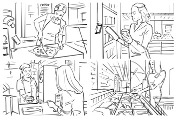 Storyboard with people at grocery/cafe