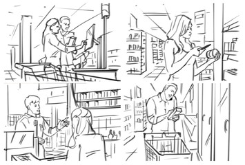 Storyboard with people at grocery/cafe