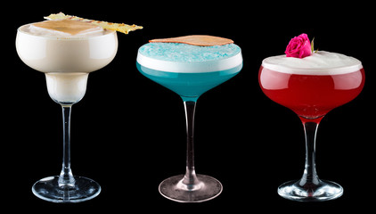 A set of original author's cocktails. On black background