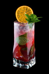 Fototapeta premium Raspberry Mojito decorated with orange chips. On black background