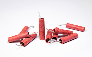 Red Firecrackers isolated on white background - obrazy, fototapety, plakaty