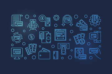 Money Payments vector blue modern outline horizontal illustration or banner on dark background