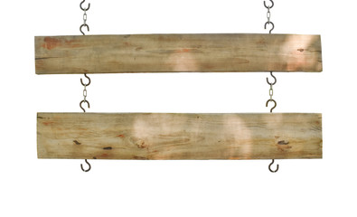 Empty wooden signs hanging on chain isolated on white background.