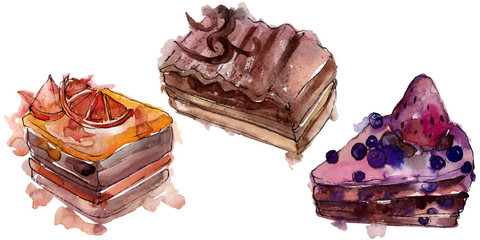 Tasty cake with fruits in a watercolor style isolated. Aquarelle sweet dessert. Background illustration set.