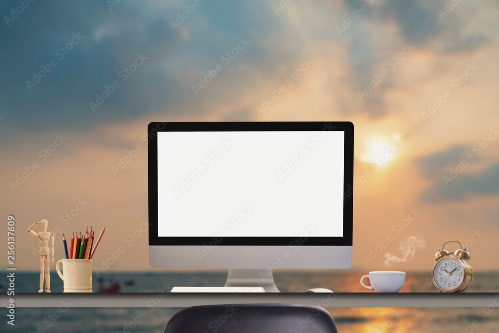 Poster comfortable workplace with modern desktop computer. blank screen for graphic display montage.