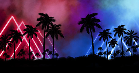 Night landscape with stars, sunset, stars. Silhouette coconut palm trees Vintage tone. Lights of the night city, neon, coast.