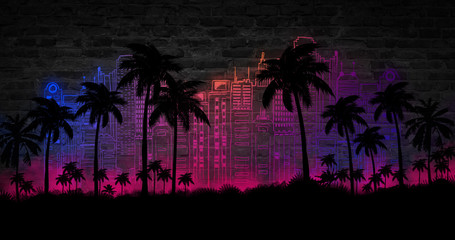 Night landscape with stars, sunset, stars. Silhouette coconut palm trees Vintage tone. Lights of the night city, neon, coast. - obrazy, fototapety, plakaty