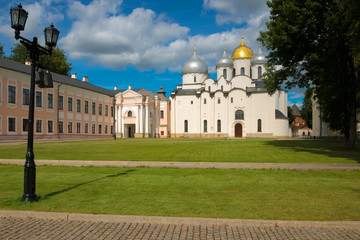 VELIKY NOVGOROD, RUSSIA - AUGUST 14, 2018: Sophia Russian Orthodox cathedral at sunny summer day in Veliky Novgorod, Russia. Architecture landscape of Orthodox landmark