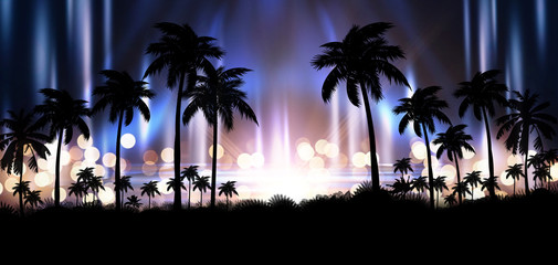 Night landscape with stars, sunset, stars. Silhouette coconut palm trees Vintage tone. Lights of the night city, neon, coast.