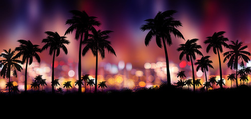 Night landscape with stars, sunset, stars. Silhouette coconut palm trees Vintage tone. Lights of...