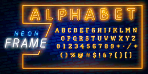 Bright Neon Alphabet Letters, Numbers and Symbols Sign in Vector. Night Show. Night Club. Neon illustration