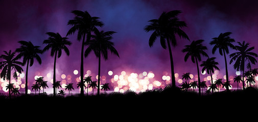 Night landscape with stars, sunset, stars. Silhouette coconut palm trees Vintage tone. Lights of the night city, neon, coast.