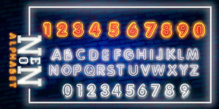 Bright Neon Alphabet Letters, Numbers and Symbols Sign in Vector. Night Show. Night Club. Neon illustration