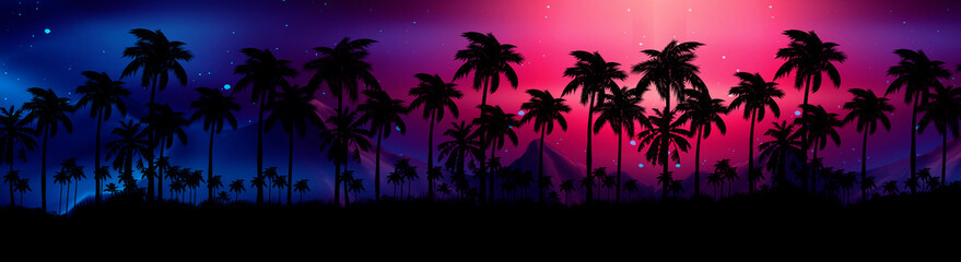 Obraz na płótnie Canvas Night landscape with stars, sunset, stars. Silhouette coconut palm trees Vintage tone. Lights of the night city, neon, coast.