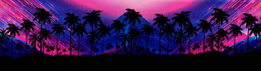 Night landscape with stars, sunset, stars. Silhouette coconut palm trees Vintage tone. Lights of the night city, neon, coast.