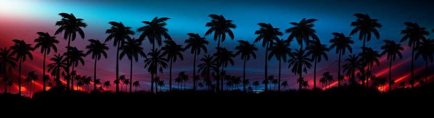Night landscape with stars, sunset, stars. Silhouette coconut palm trees Vintage tone. Lights of...