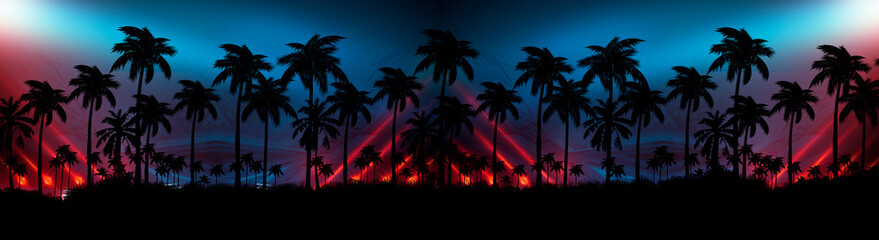 Obraz premium Night landscape with stars, sunset, stars. Silhouette coconut palm trees Vintage tone. Lights of the night city, neon, coast.