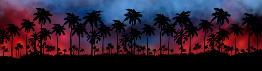 Obraz premium Night landscape with stars, sunset, stars. Silhouette coconut palm trees Vintage tone. Lights of the night city, neon, coast.