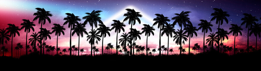Fototapeta na wymiar Night landscape with stars, sunset, stars. Silhouette coconut palm trees Vintage tone. Lights of the night city, neon, coast.