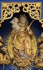 Virgin Mary with baby Jesus, altar in chapel Amorsbrunn in Amorbach, Forest of Odes Bavaria, Germany