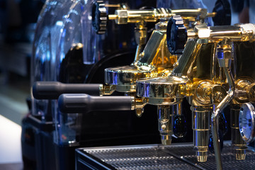 Barista working in a coffee shop, Close up of barista presses ground coffee using tamper, Barista Make Coffee Portafilter Concept